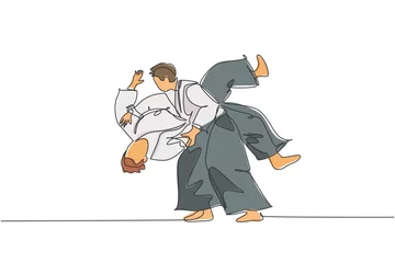 Foto op Plexiglas Single continuous line drawing of two young sportive man wearing kimono practice slamming in aikido fighting technique. Japanese martial art concept. Trendy one line draw design vector illustration © Simple Line