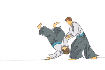 One single line drawing two young energetic men wearing kimono exercise aikido fighting in sports hall vector graphic illustration. Healthy lifestyle sport concept. Modern continuous line draw design