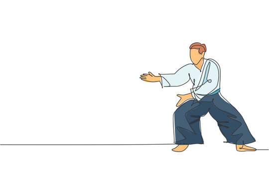 One continuous line drawing of young man aikido fighter practice fighting stance pose at dojo training center. Martial art combative sport concept. Dynamic single line draw design vector illustration