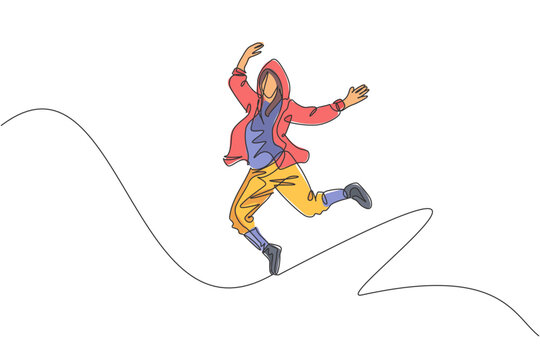 jumping person, red jacket, yellow pants, line art