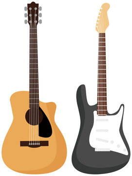 Guitar set. Acoustic guitar and electric bass guitar on white background. Musical string wooden instrument collection for string melody. Rock or jazz equipment accompaniment of musician on stage