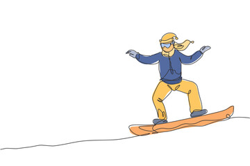 Fototapeta premium Single continuous line drawing of young sportive snowboarder woman riding snowboard at mountain. Outdoor extreme sport. Winter season vacation concept. Trendy one line draw design vector illustration