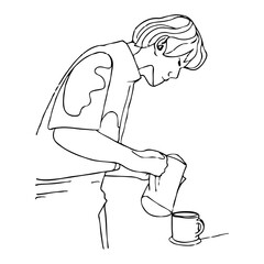 Barista making a cup of coffee line art.