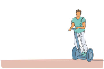 Single continuous line drawing young happy man riding kick scooter at public area. Green eco friendly transportation. Urban lifestyle concept. Trendy one line draw design graphic vector illustration © Simple Line