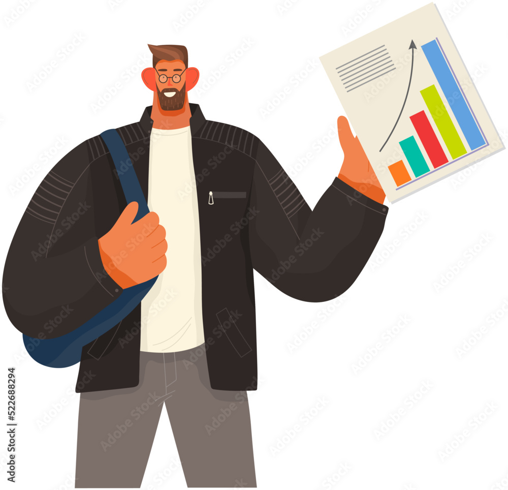 Poster man stands and holds statistics diagrams and explore it. businessman doing report with business data
