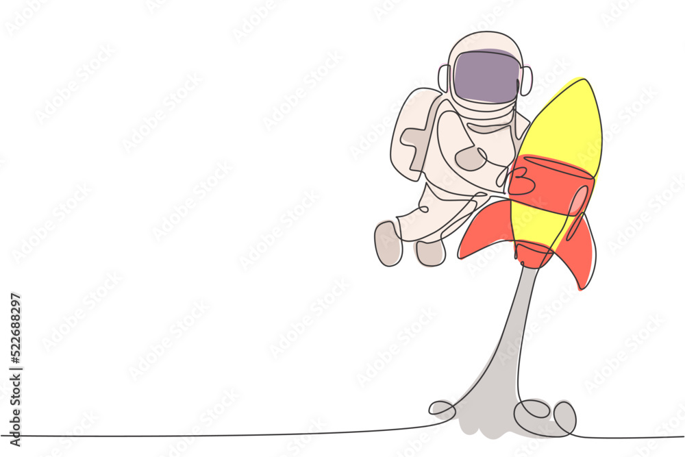 Poster one single line drawing of astronaut in spacesuit floating and discovering deep space while holding 