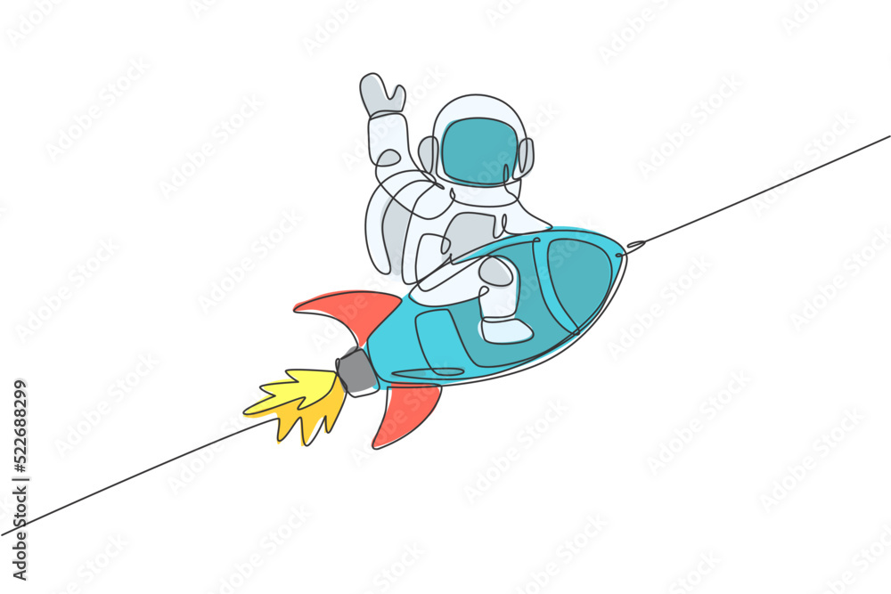 Poster one single line drawing of astronaut in spacesuit floating and discovering deep space while sitting 