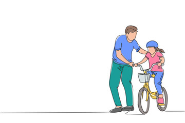 One single line drawing young father teaching his daughter riding bicycle at public park graphic vector illustration. Fatherhood lesson. Urban family time concept. Modern continuous line draw design