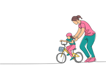 One continuous line drawing of young mother help her daughter learning to ride a bicycle at countryside together. Parenthood lesson concept. Dynamic single line draw graphic design vector illustration