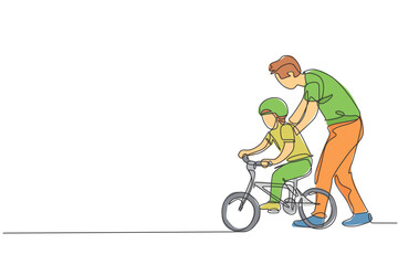 Single continuous line drawing of young kids boy learning ride bicycle with father at outdoor park. Parenthood lesson. Family time concept. Trendy one line draw design graphic vector illustration