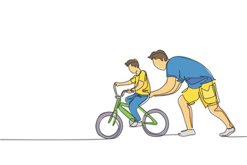 Obraz na płótnie Canvas One single line drawing of young father teaching his son riding bicycle at public park vector graphic illustration. Fatherhood lesson. Urban family time concept. Modern continuous line draw design