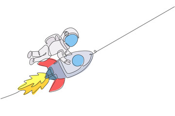 One continuous line drawing spaceman astronaut science discovering cosmos galactic while holding rocket. Cosmonaut at outer space concept. Dynamic single line draw design graphic vector illustration