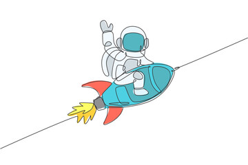 One single line drawing of astronaut in spacesuit floating and discovering deep space while sitting on rocket spaceship illustration. Exploring outer space concept. Modern continuous line draw design