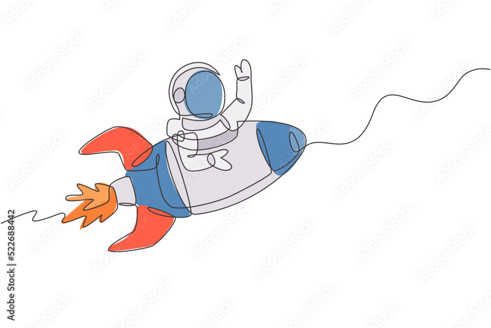 Poster single continuous line drawing of astronaut in spacesuit waving hand at outer space with rocket spac