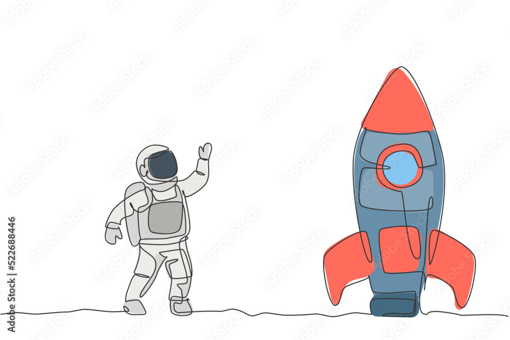Poster single continuous line drawing of astronaut in spacesuit waving hand and saying good bye to the rock