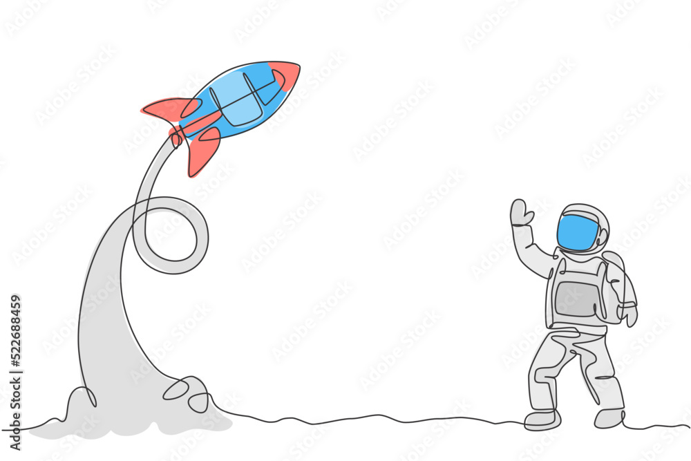 Poster one continuous line drawing of spaceman astronaut science at moon land waving hand to take off rocke