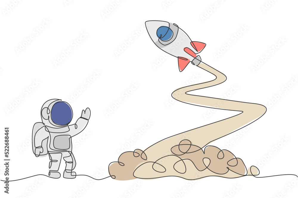 Poster one continuous line drawing of spaceman astronaut science on moon waving hand to launching rocket. c