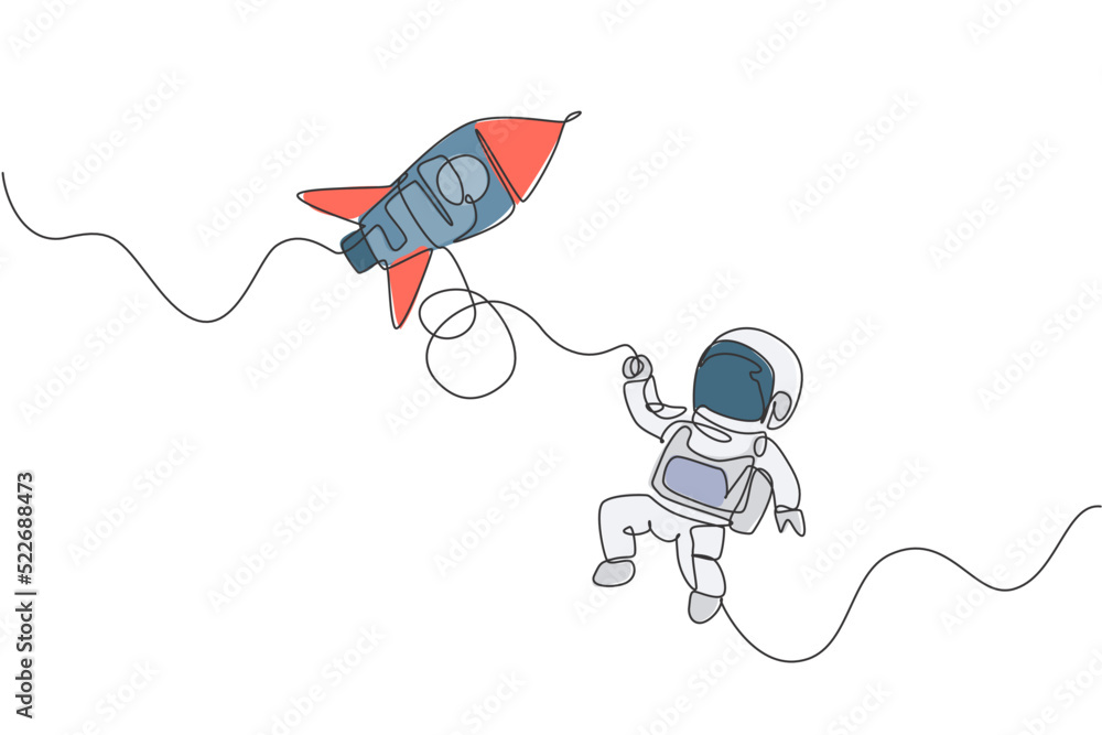 Poster one single line drawing of astronaut in spacesuit floating and discovering deep space with rocket sp