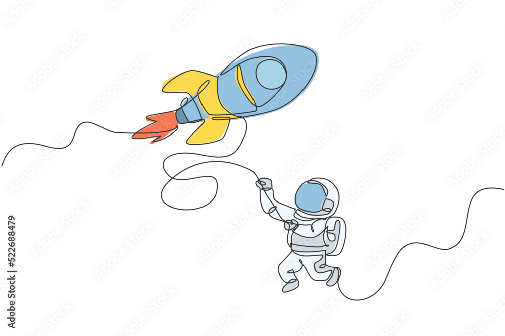 Poster one single line drawing astronaut in spacesuit floating and discovering deep space with rocket space
