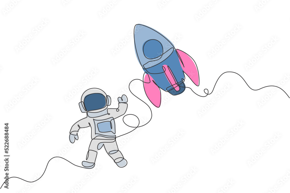 Poster single continuous line drawing of astronaut in spacesuit flying at outer space with rocket spacecraf