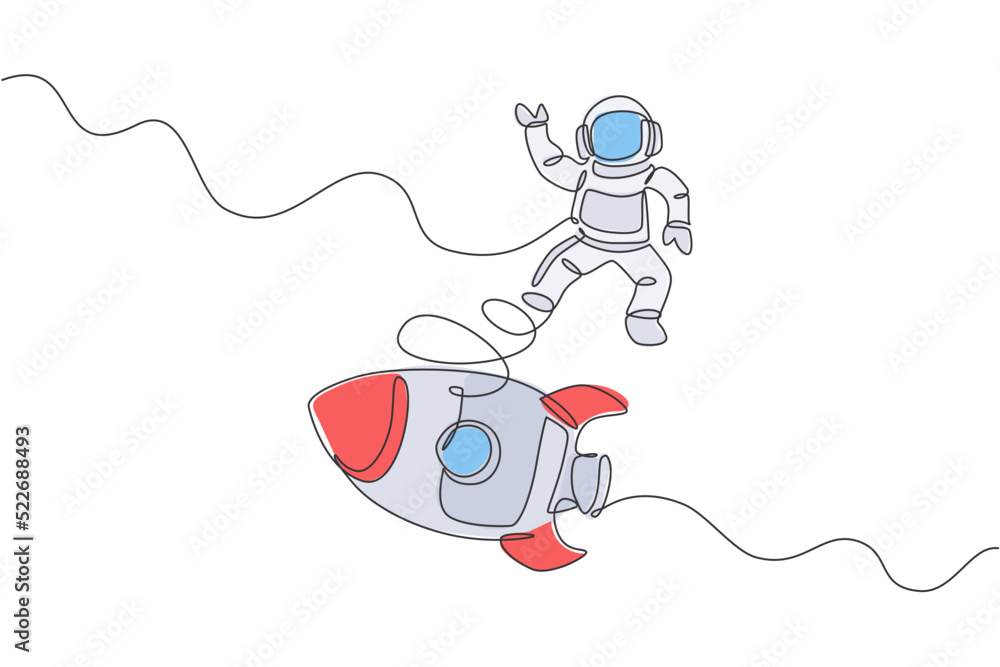 Poster one continuous line drawing of spaceman astronaut science discovering cosmos galactic with rocket. c