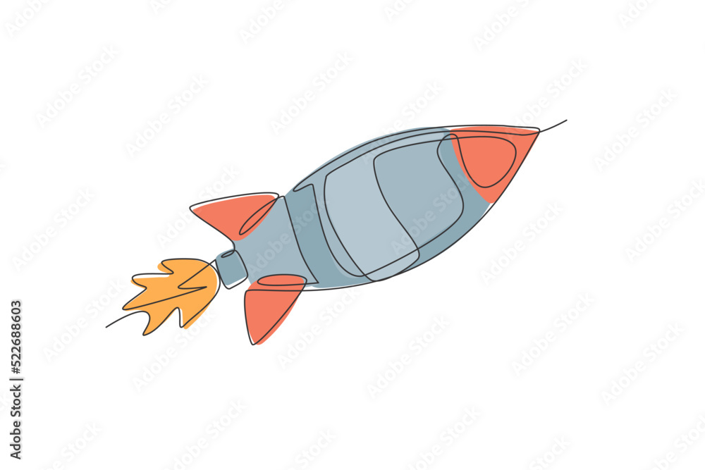 Poster one single line drawing of simple vintage rocket takes off into the outer space vector graphic illus