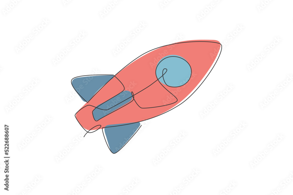 Poster one single line drawing of simple vintage rocket takes off into the outer space vector graphic illus