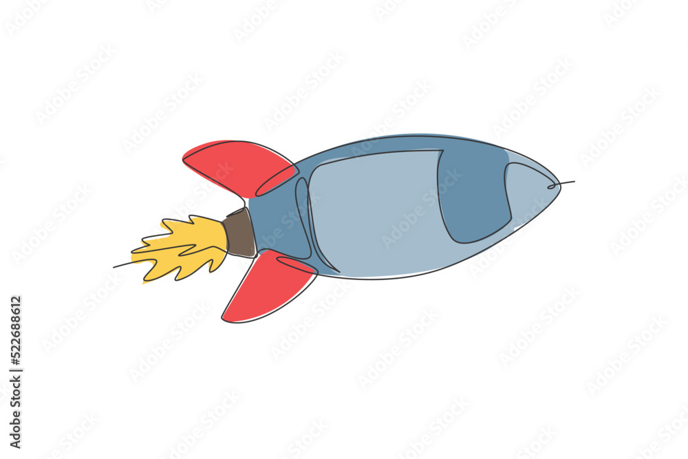 Aufkleber single continuous line drawing rocket launch fly into the sky universe. vintage spacecraft rocketshi