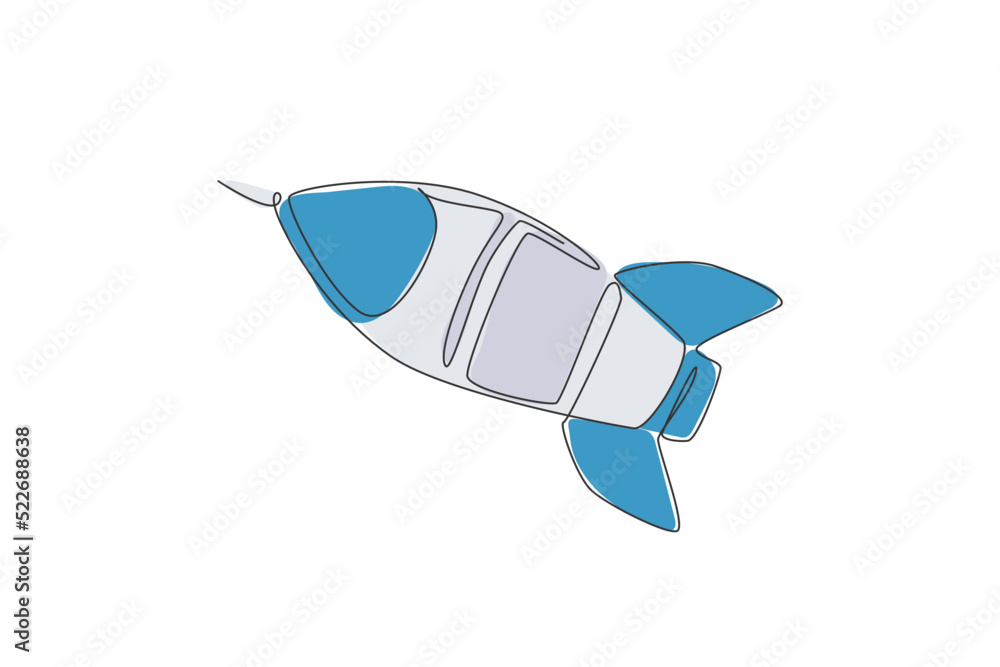 Poster single continuous line drawing rocket launch fly into the sky universe. vintage spacecraft rocketshi