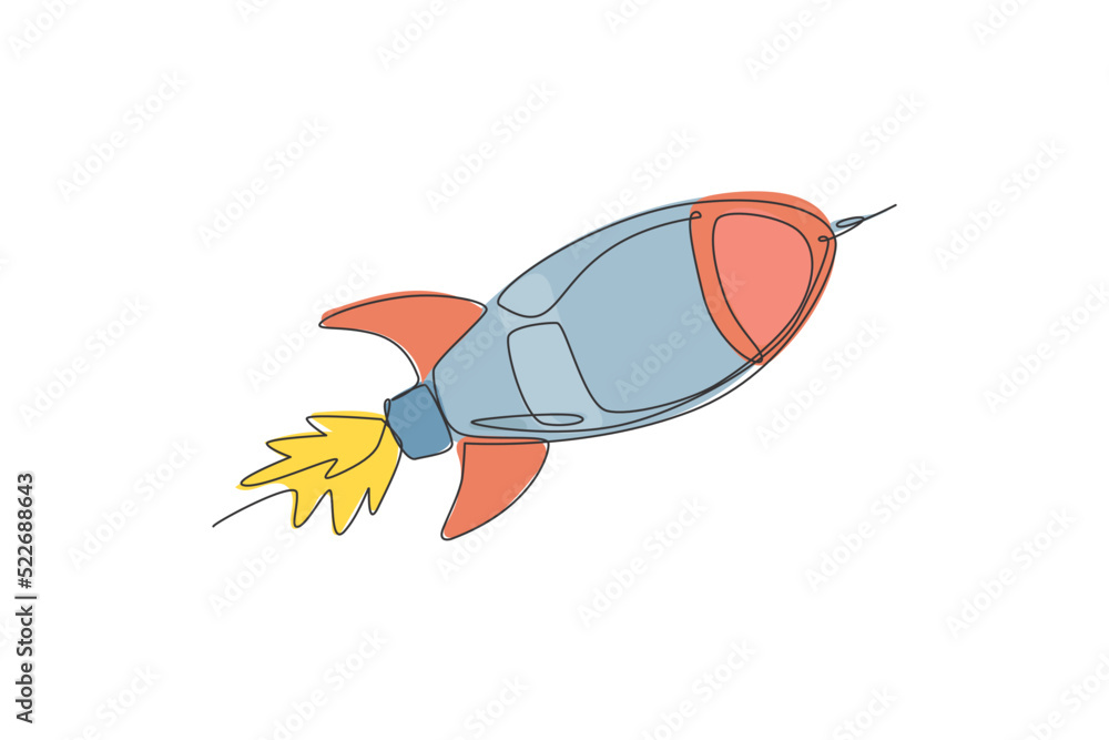 Poster one continuous line drawing of simple retro spacecraft flying up to the outer space nebula. rocket s