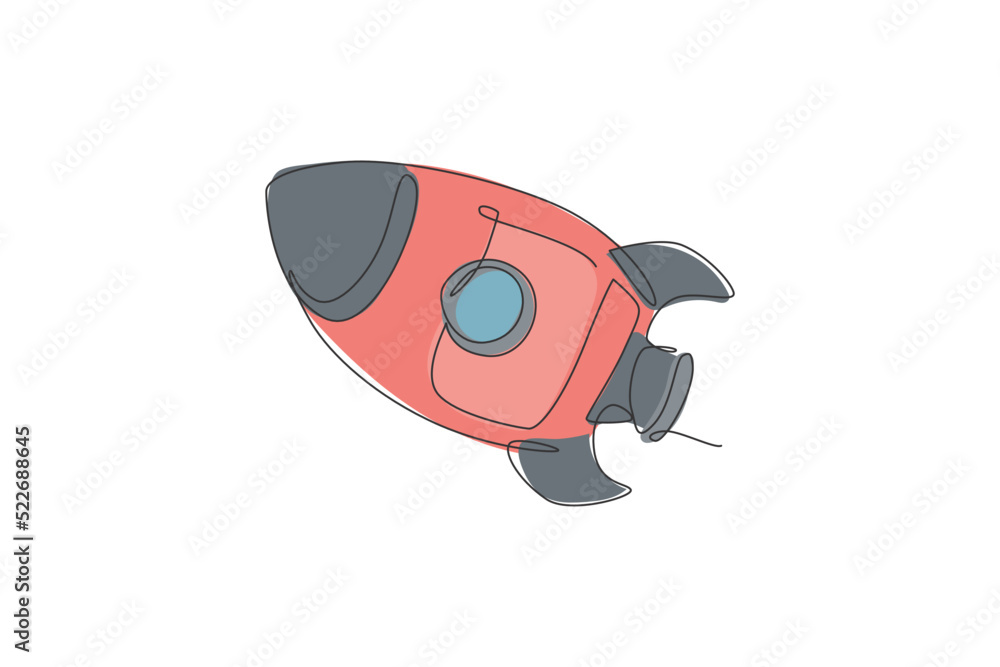 Poster one single line drawing of simple vintage rocket takes off into the outer space graphic vector illus