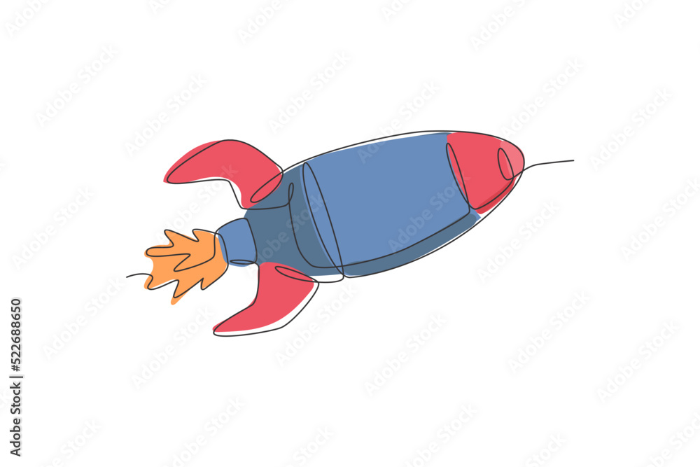 Poster one continuous line drawing of simple retro spacecraft flying up to the outer space nebula. rocket s