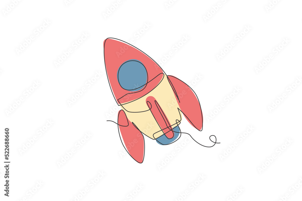 Poster one continuous line drawing of simple retro spacecraft flying up to the outer space nebula. rocket s