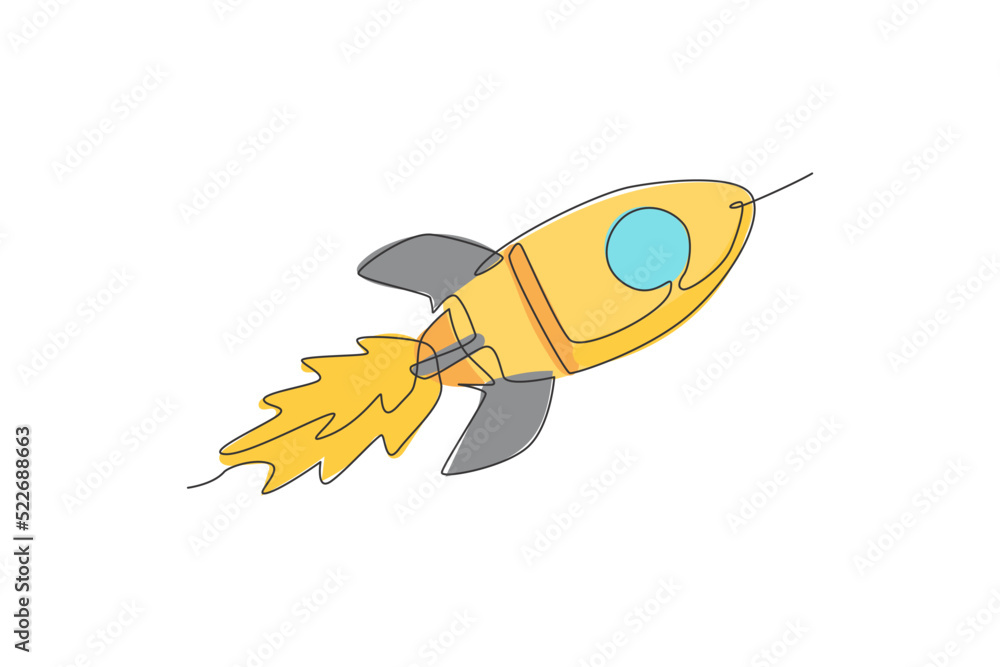 Poster one single line drawing of simple vintage rocket takes off into the outer space vector graphic illus