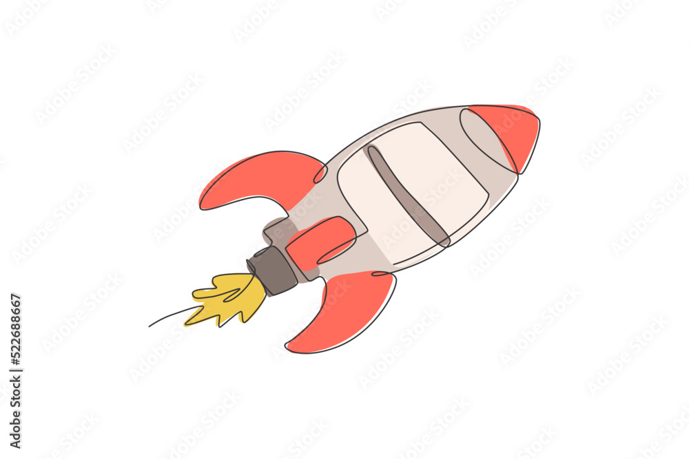 Poster one single line drawing of simple vintage rocket takes off into the outer space graphic vector illus