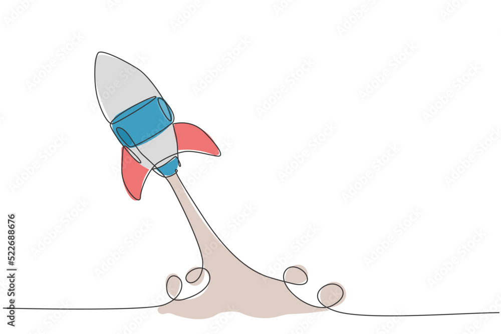 Poster one continuous line drawing of simple retro spacecraft flying up to the outer space nebula. rocket s