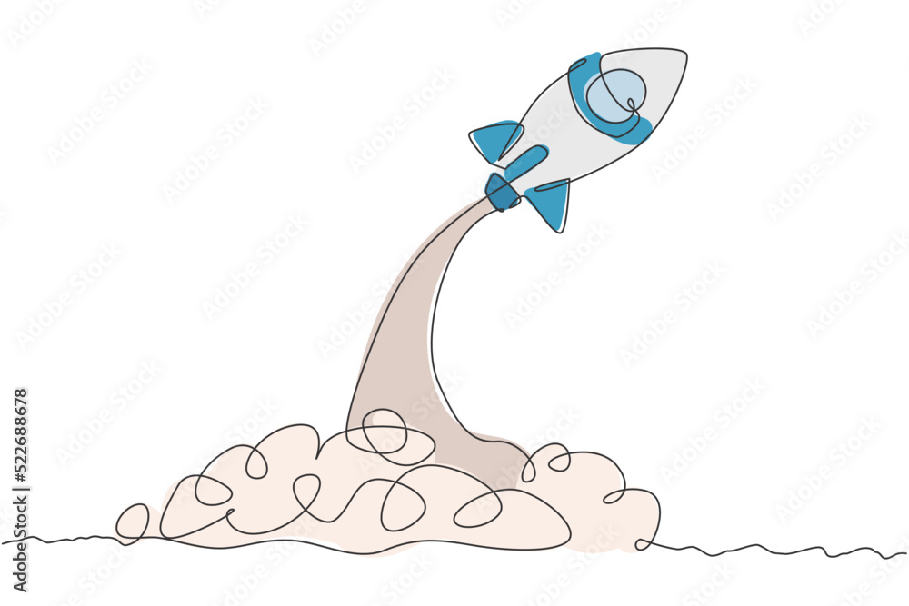 Poster one single line drawing of simple vintage rocket takes off into the outer space vector graphic illus