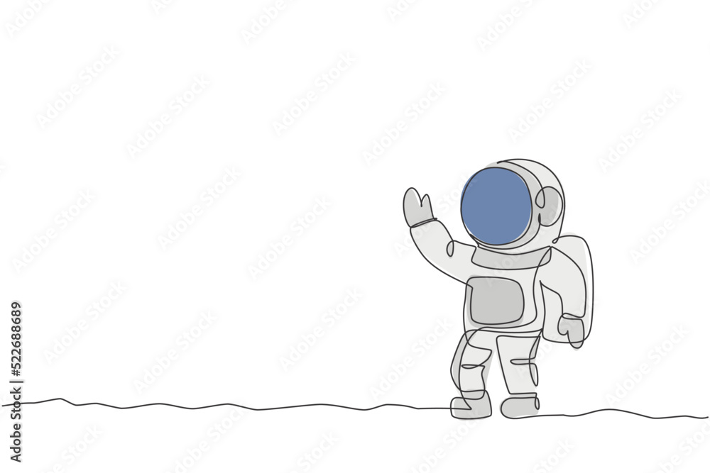 Poster one single line drawing of young astronaut in spacesuit flying at outer space vector graphic illustr