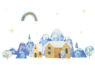 cute winter watercolor landscape, childish watercolor illustration, wall art with mountains, trees, houses, rainbow, stars