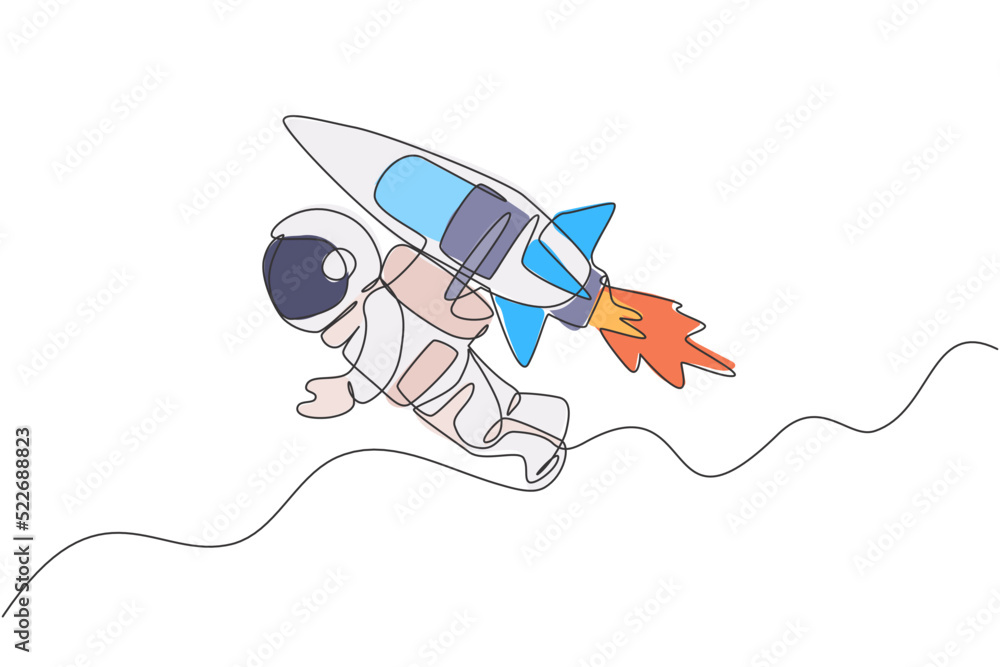 Poster single continuous line drawing astronaut in spacesuit flying at outer space with jetpack rocket spac