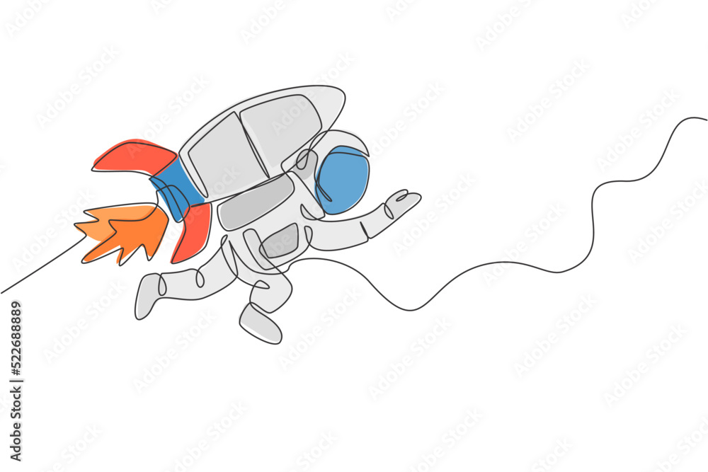 Poster one continuous line drawing spaceman astronaut science discovering cosmos galactic with rocket jetpa