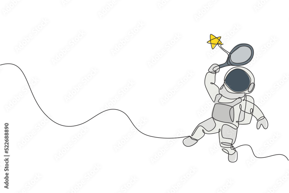 Poster one continuous line drawing of cosmonaut exploring outer space. astronaut hitting star with racket. 