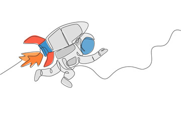 One continuous line drawing spaceman astronaut science discovering cosmos galactic with rocket jetpack. Exploration of outer space concept. Dynamic single line draw design vector graphic illustration
