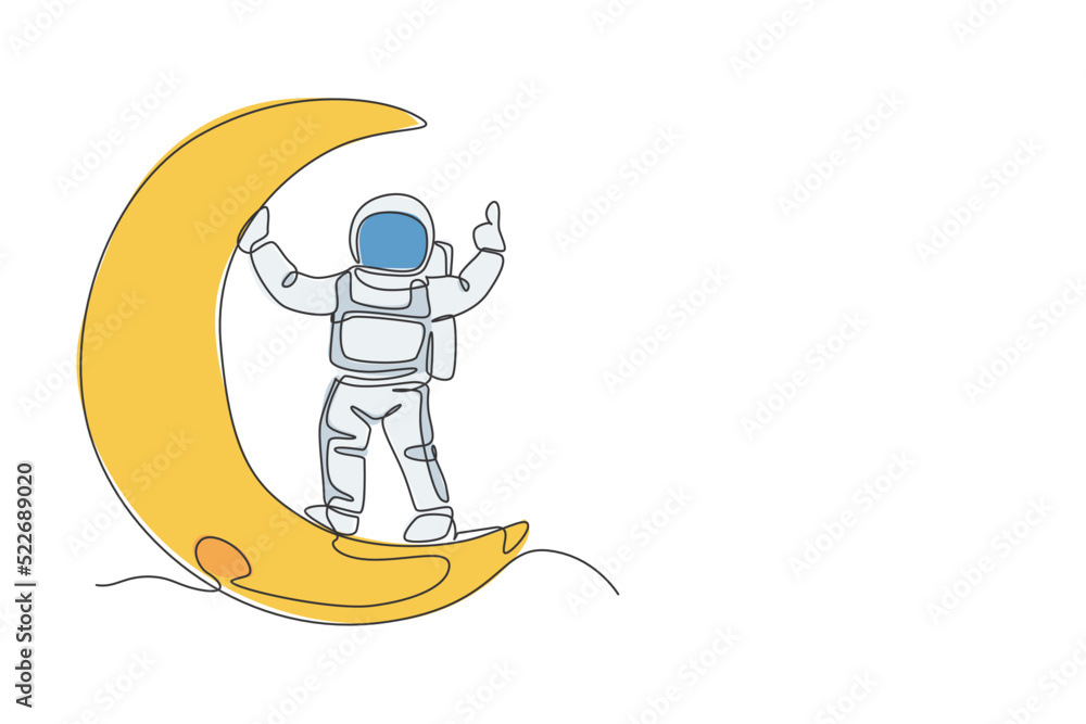 Poster one continuous line drawing cosmonaut exploring outer space. astronaut standing on crescent moot. fa
