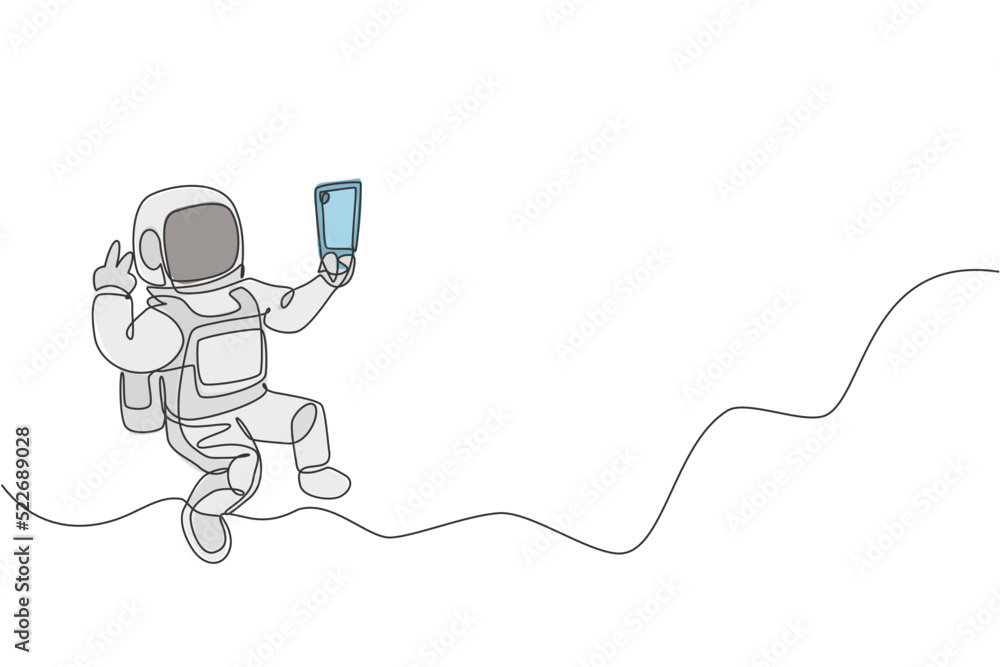 Poster one single line drawing of space man astronaut exploring cosmic galaxy, pose selfie with mobile phon