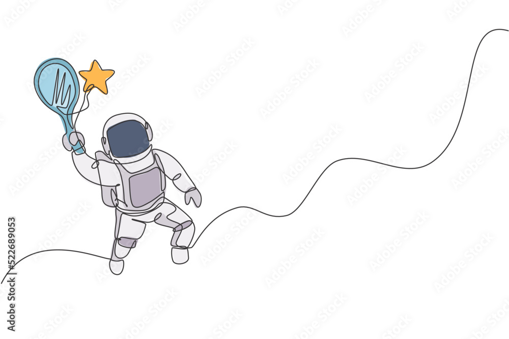 Poster single continuous line drawing of floating science astronaut in spacewalk hitting star using racket.