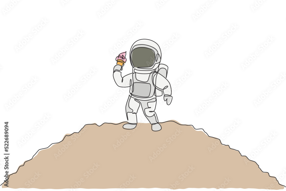 Poster one single line drawing astronaut walking om moon surface while eating sweet cold milk ice cream con
