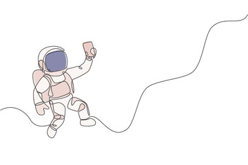 One continuous line drawing of cosmonaut exploring outer space. Astronaut selfie using smartphone device. Fantasy cosmic galaxy discovery concept. Dynamic single line draw design vector illustration