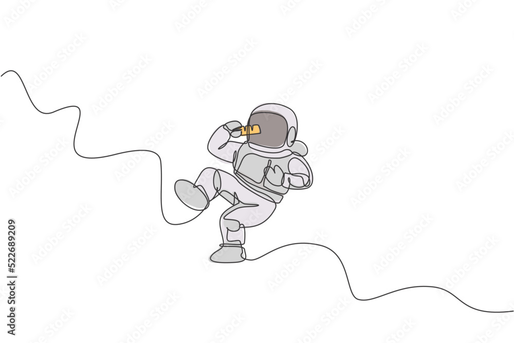 Poster one continuous line drawing of cosmonaut eating sweet milk chocolate bar in galactic universe. fanta