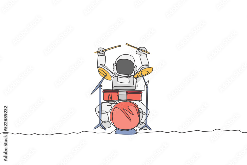 Poster one continuous line drawing of astronaut drummer with spacesuit playing drum in moon surface. outer 